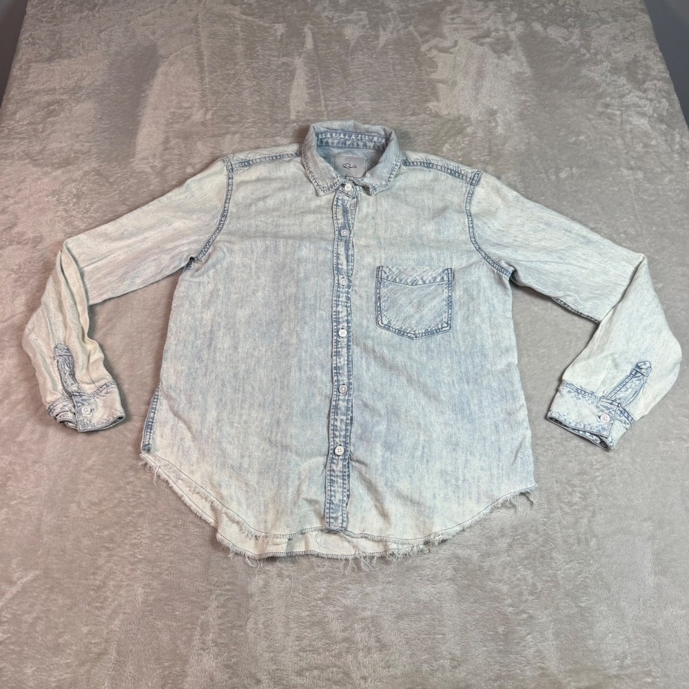 Rails Women Small Light Acid Wash Linen Blend Raw Hem Button Down Shirt